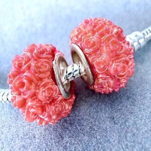 Set of 2 Orange Rose Floral Spacers Charms fits PANDORA
